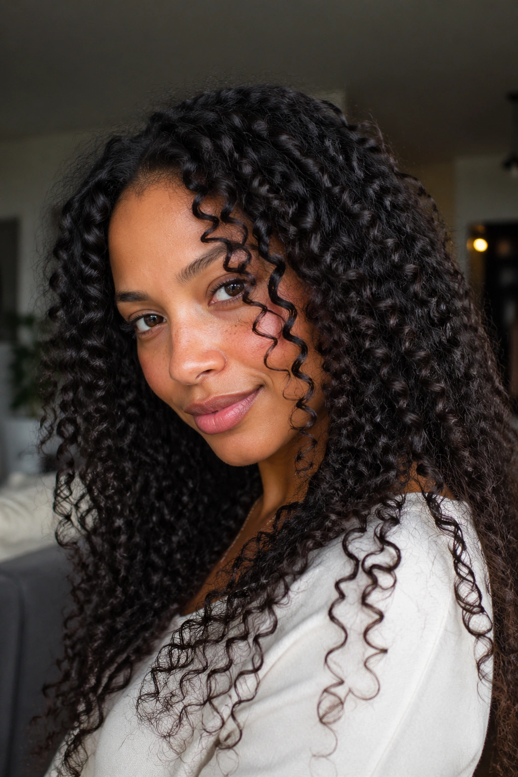 Close-up of a real person with stretched ringlets, day-three look in natural light.