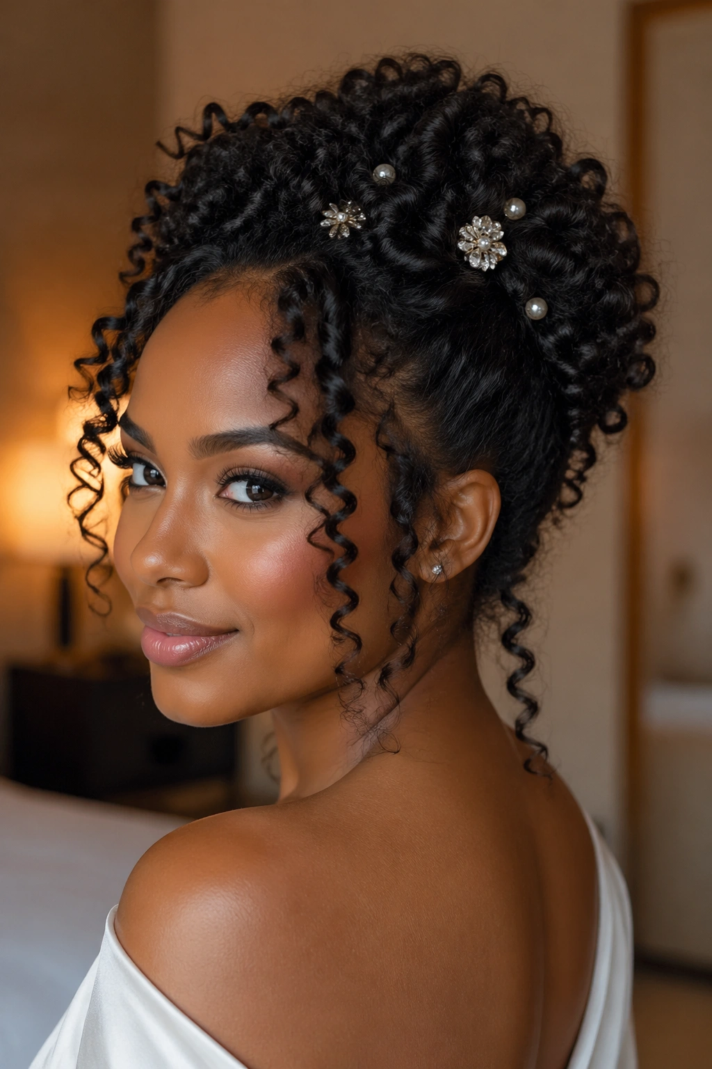 Real woman wearing a textured updo of ringlets.