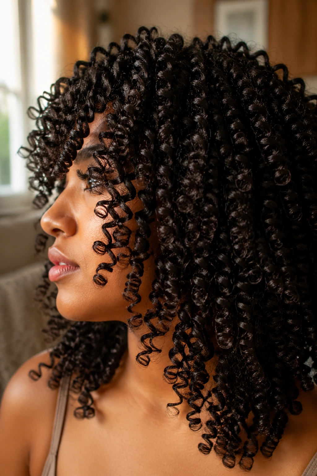 Close-up of defined ringlet wand curls on a real person with sunlit window