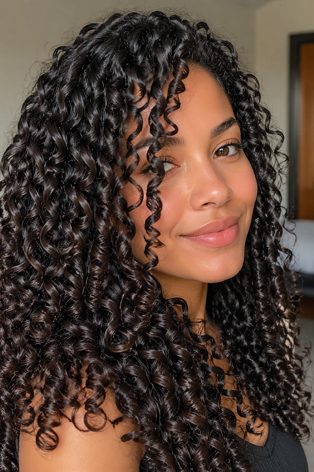 Close-up of glossy, defined ringlets on a real person's hair