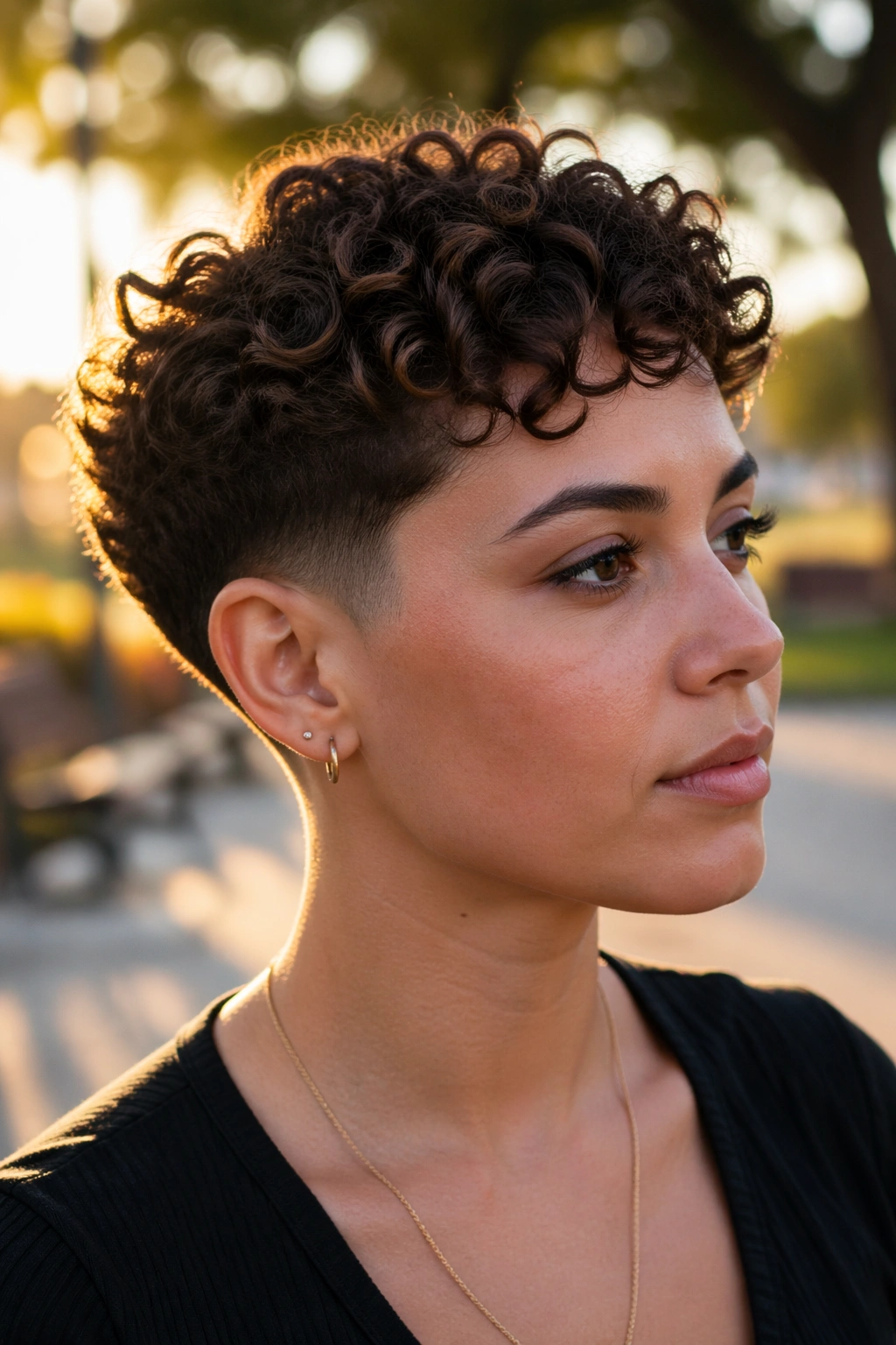 Close-up of defined ringlets with a low fade on the sides.