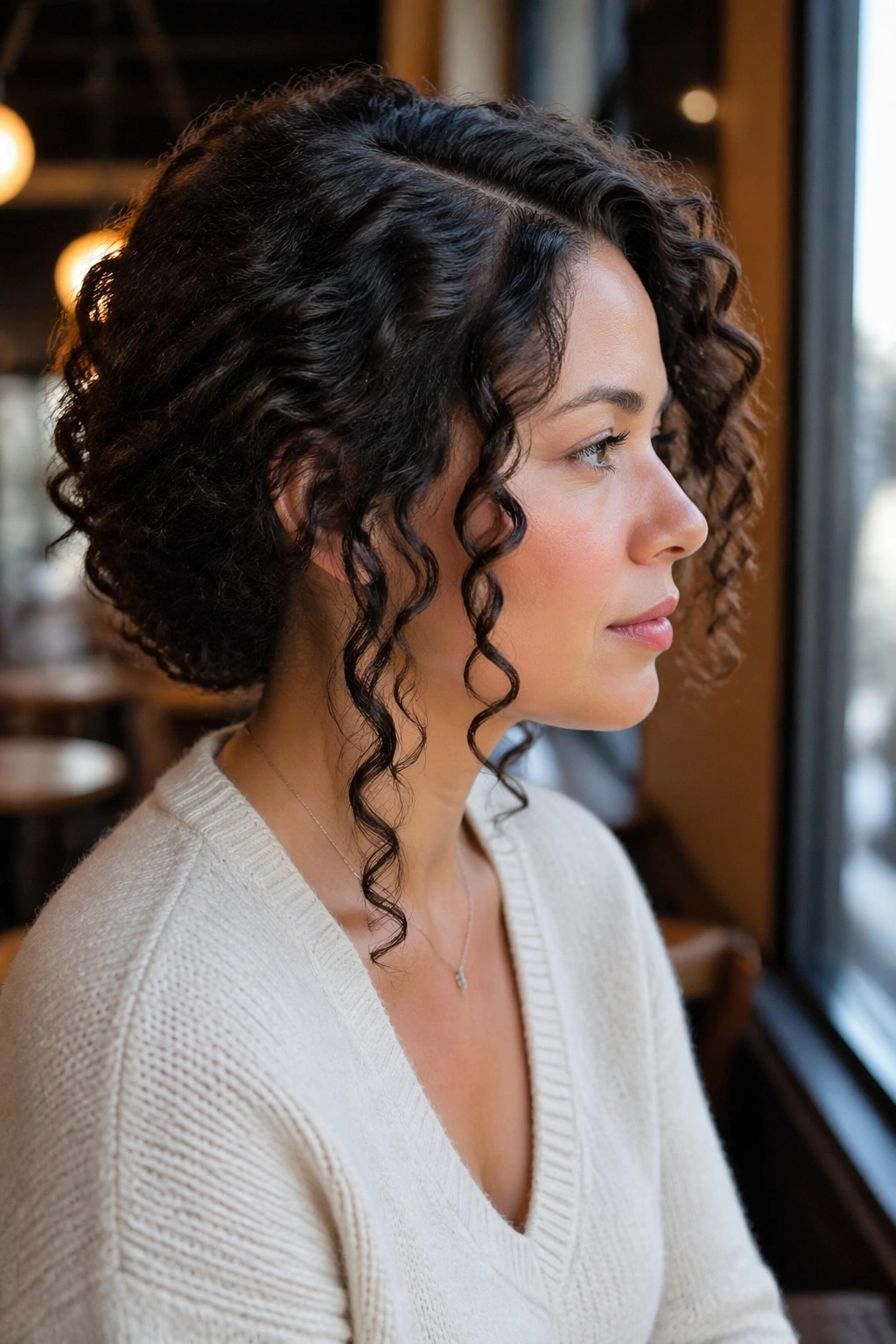 Side profile with deep side part and face-framing ringlets