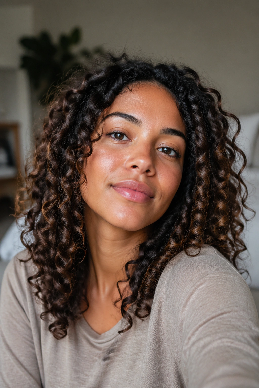 Portrait close-up of a real person with ringlet-forming curls showing 3a-3c texture