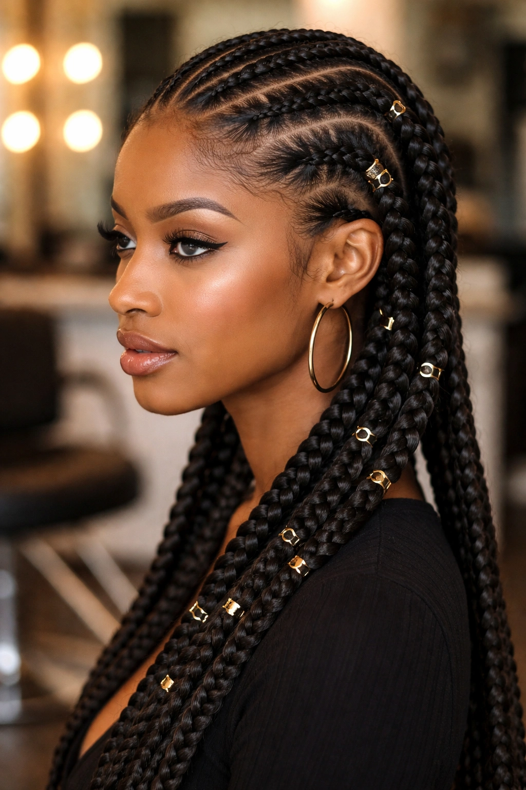 Close-up of braids with rings along their length on a real person in a salon