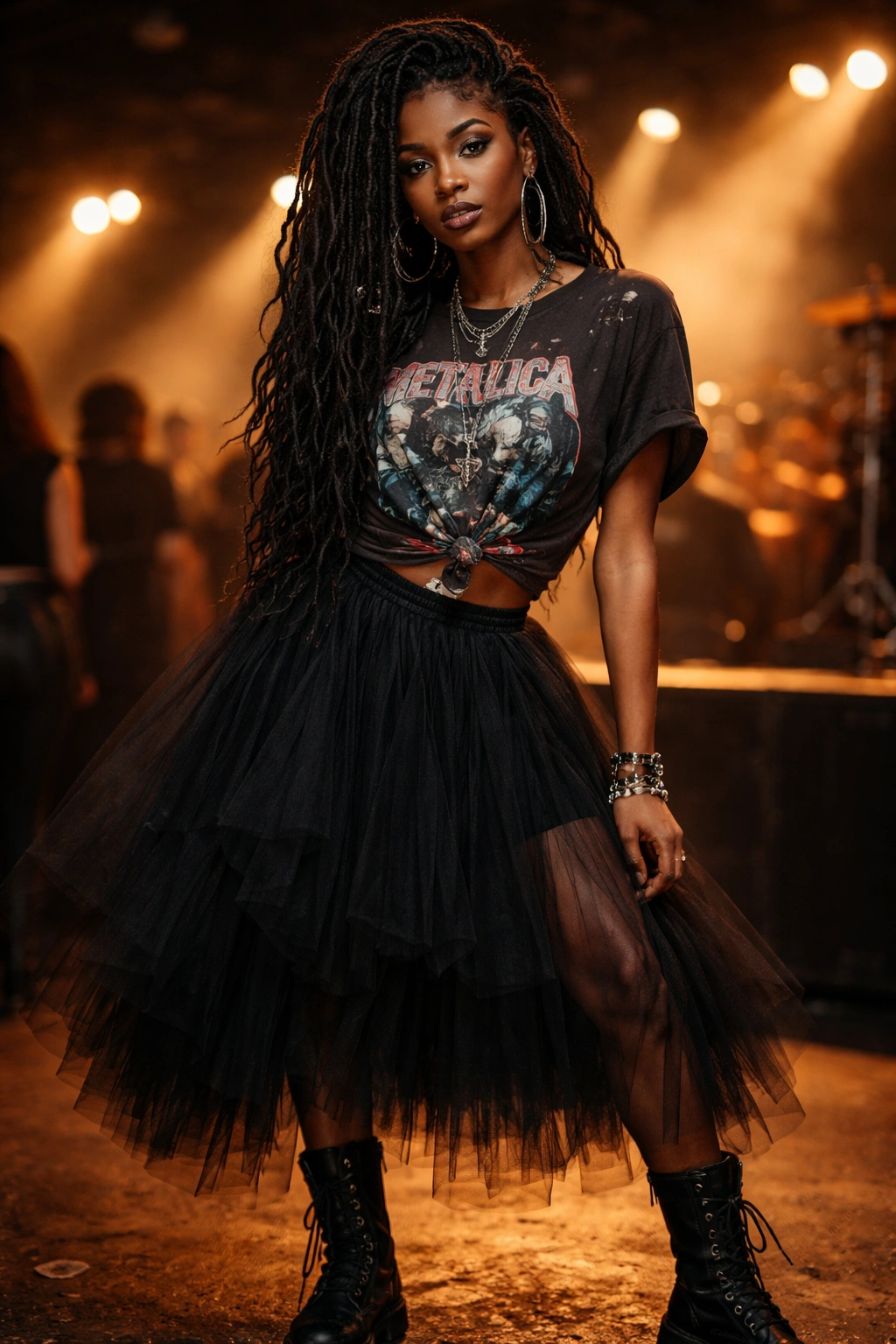 Ripped band tee knotted over a black tulle skirt with boots at a concert venue.