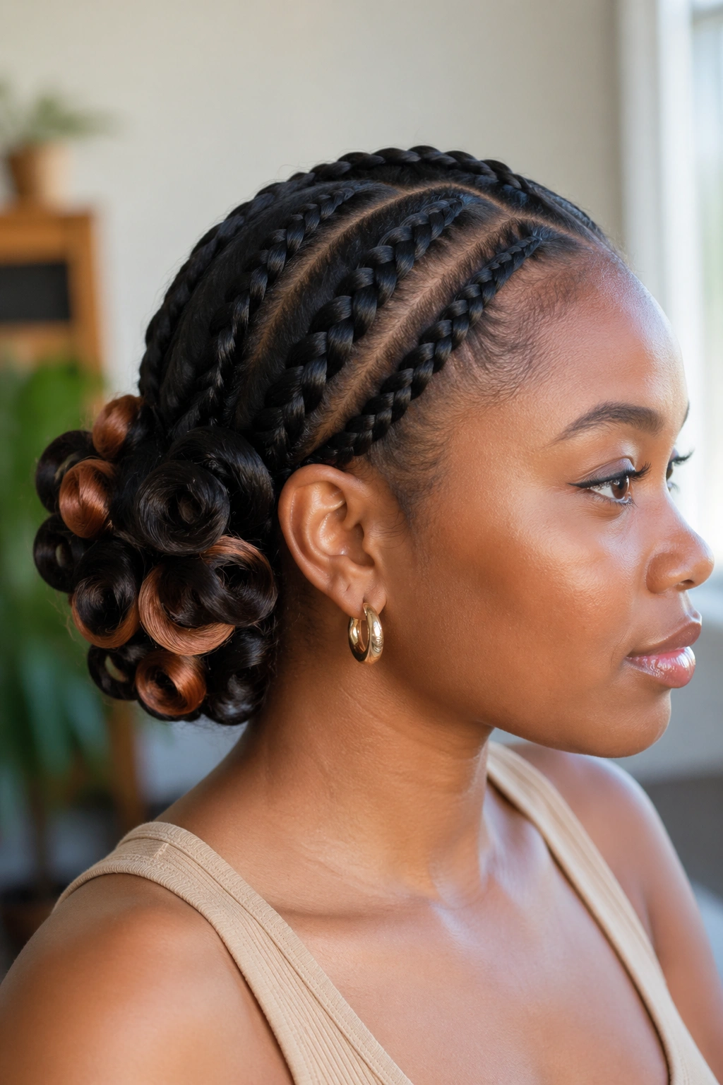 Real person with braided front sections and rod curls at the back
