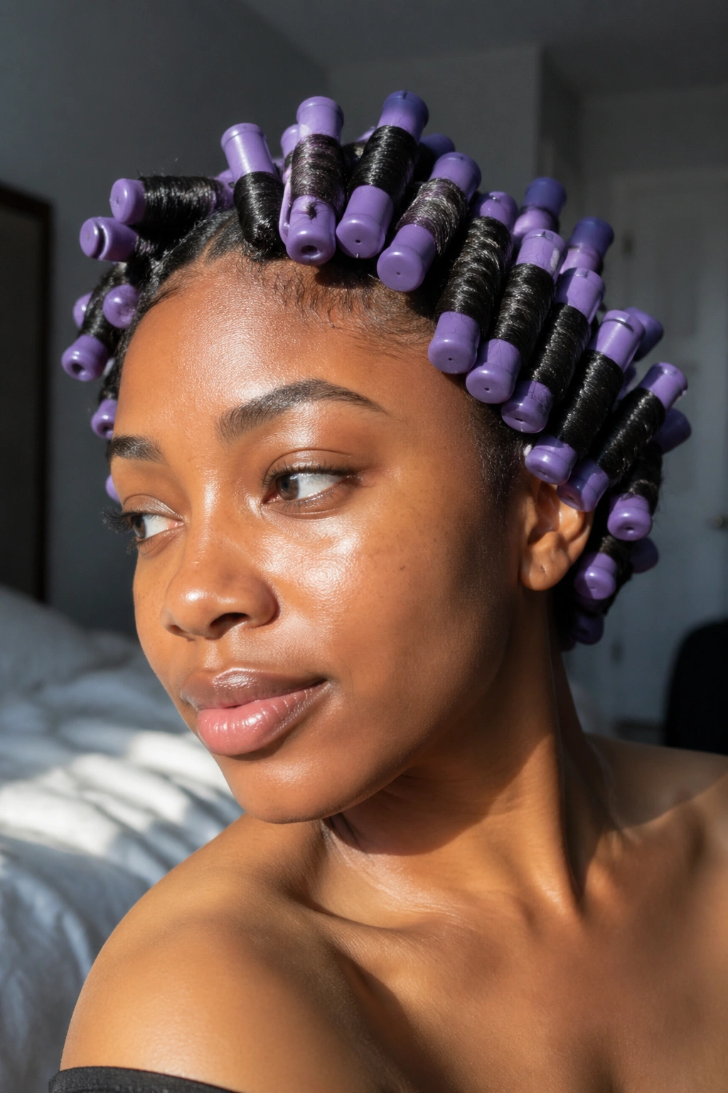 Close-up of a real person with rod curls on natural hair under warm window light