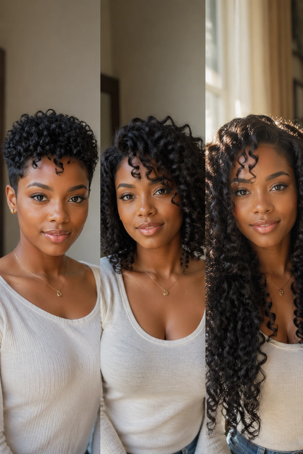 Close-up triptych of a real person showing short, medium, and long rod curls on natural hair
