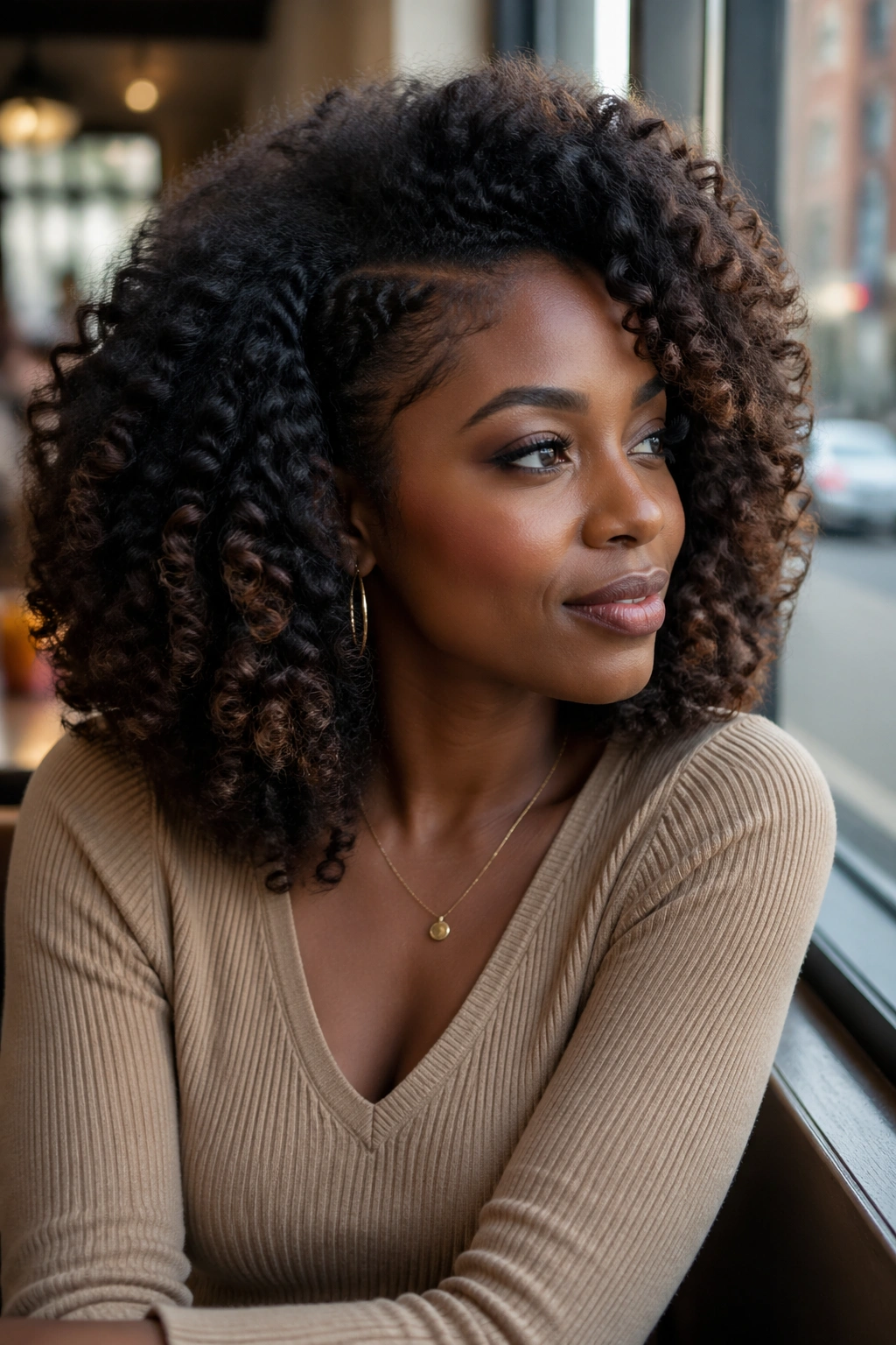 Close-up of real woman with Brushed-Out Rod Set Curls, softly brushed