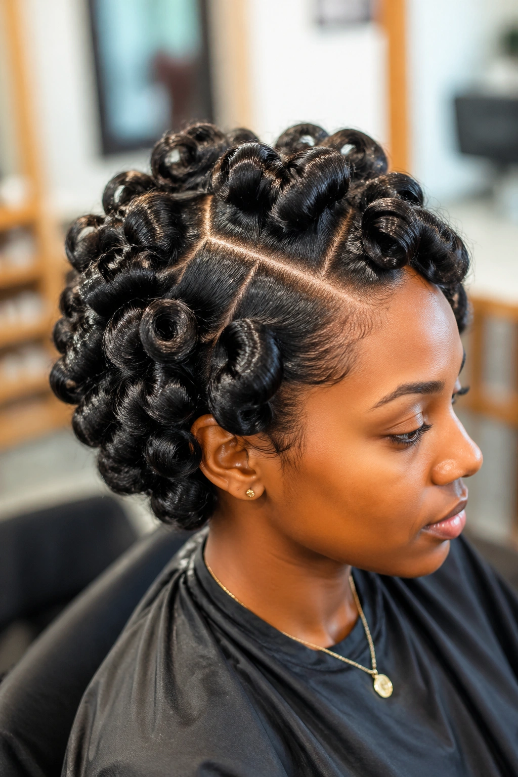 Close-up of a real woman with defined rod-set sections in curls