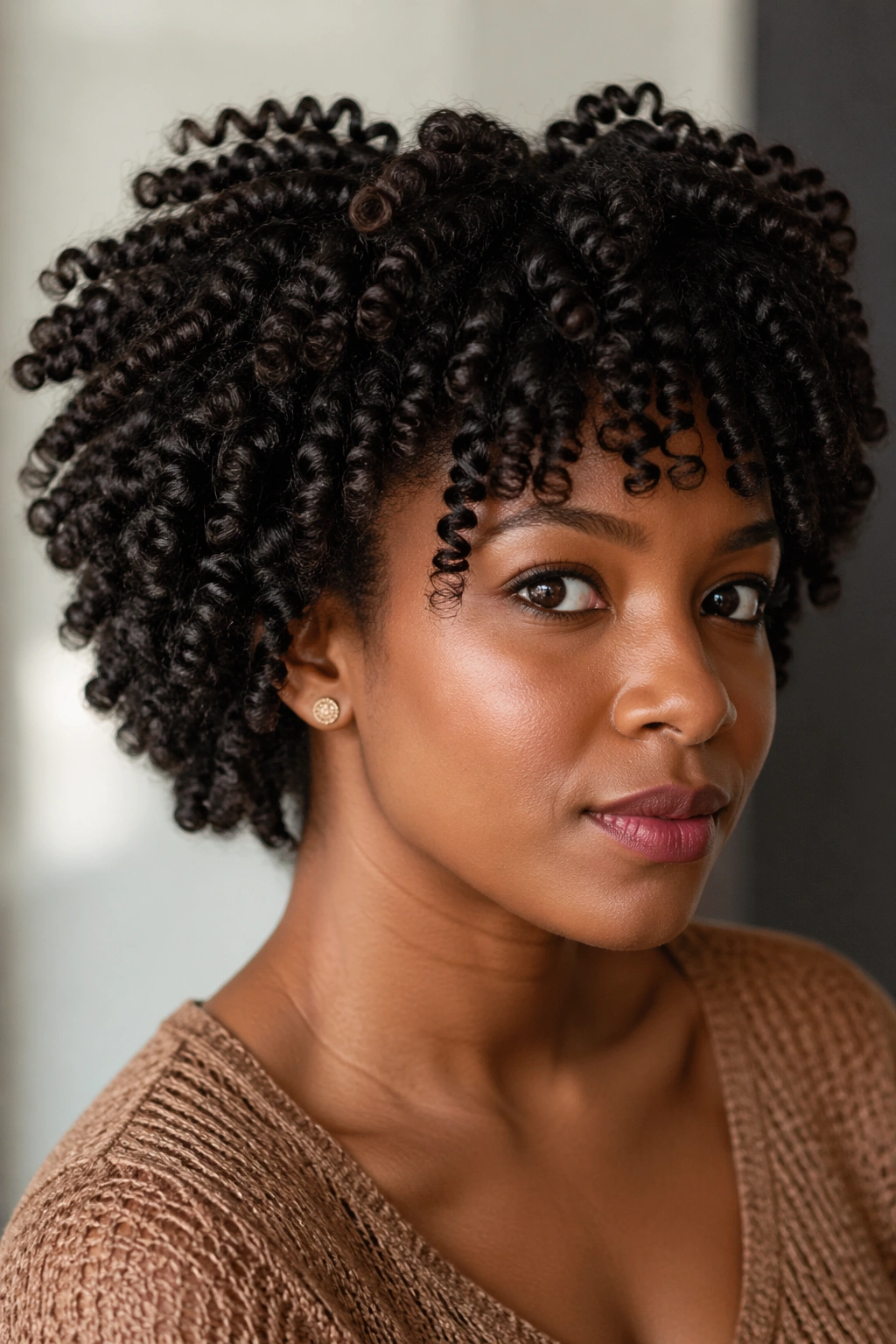 Close-up portrait of a real person with rod-set twist out curls