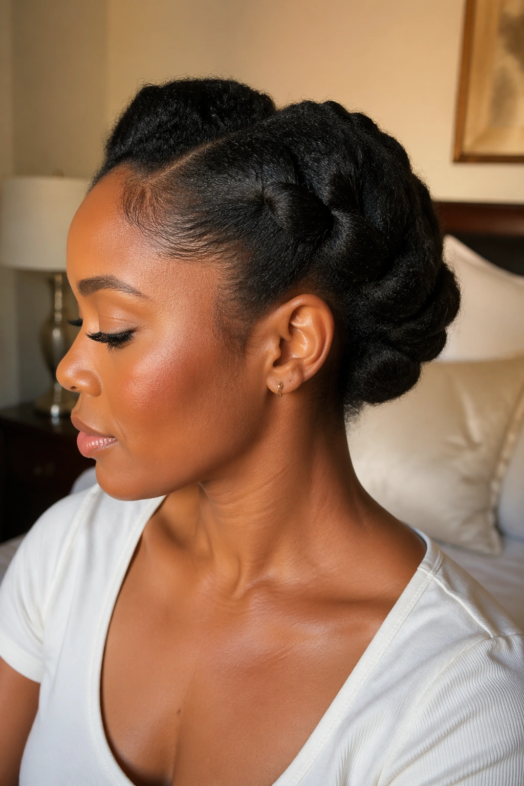 Close-up of woman with roll-and-tuck natural hair bun.
