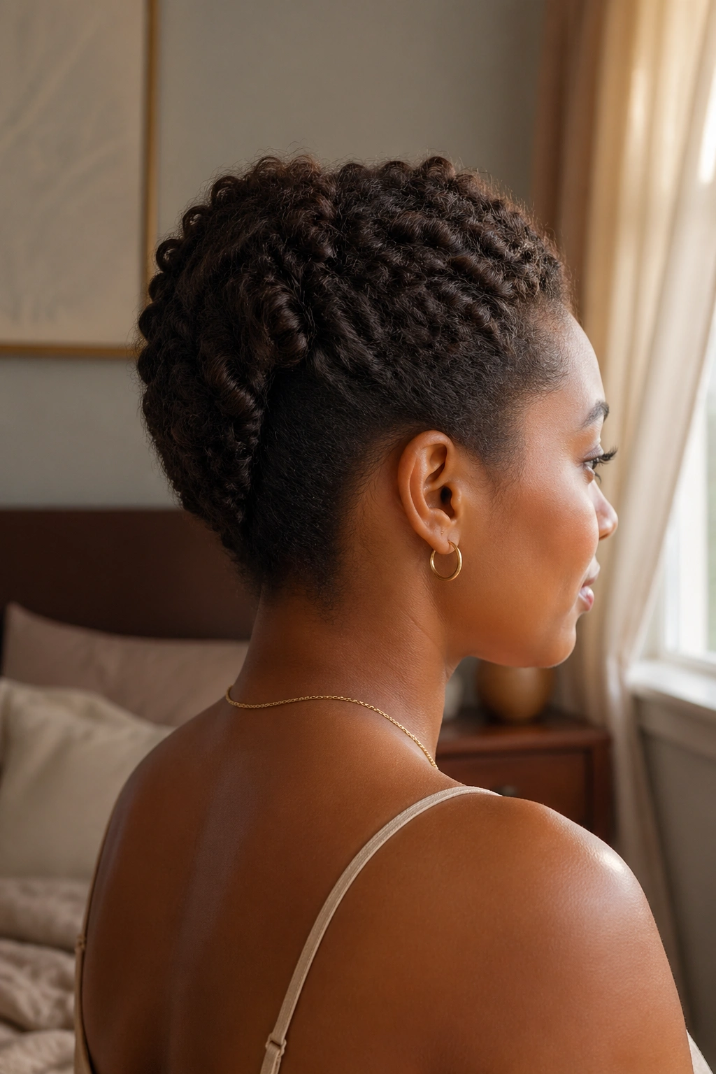 Profile view of real woman with rolled and tucked high ponytail