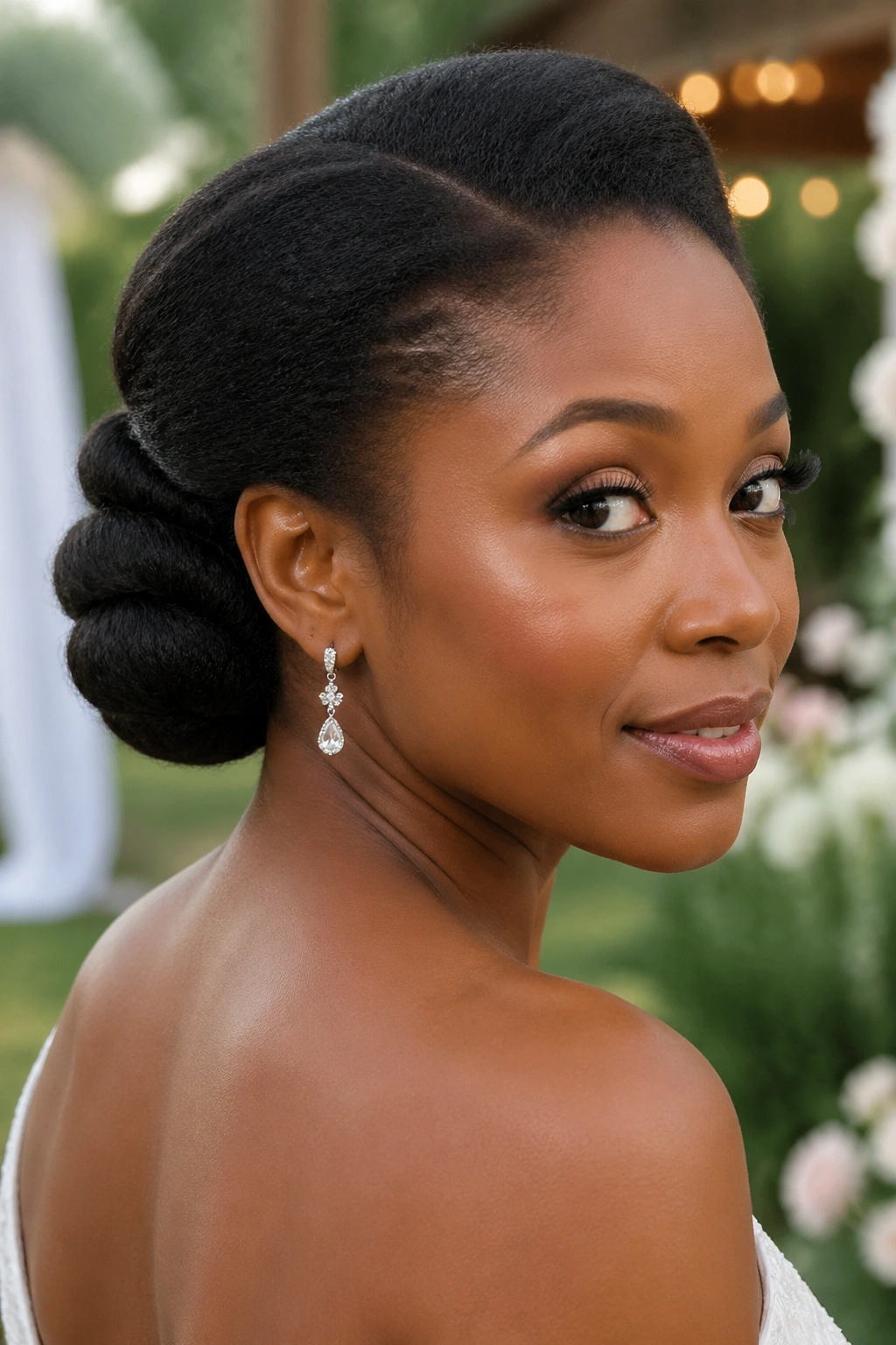 Close-up of a real woman wearing the roll-and-tuck hairstyle at the nape