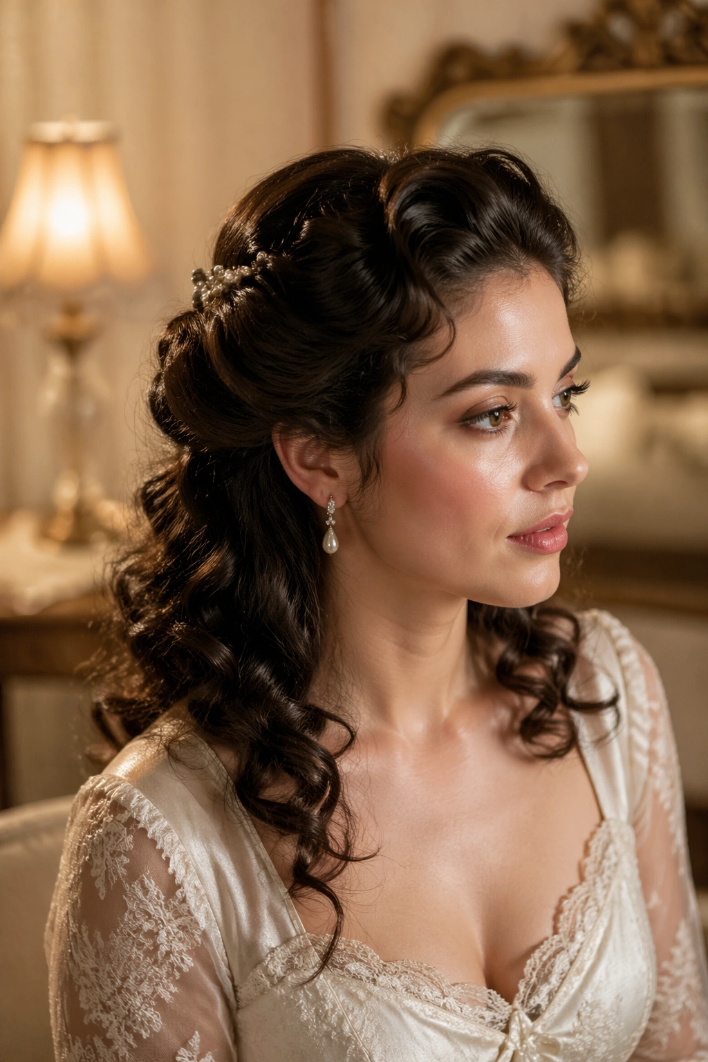 Bride with a soft roll-under crown and cascading curls in vintage mood