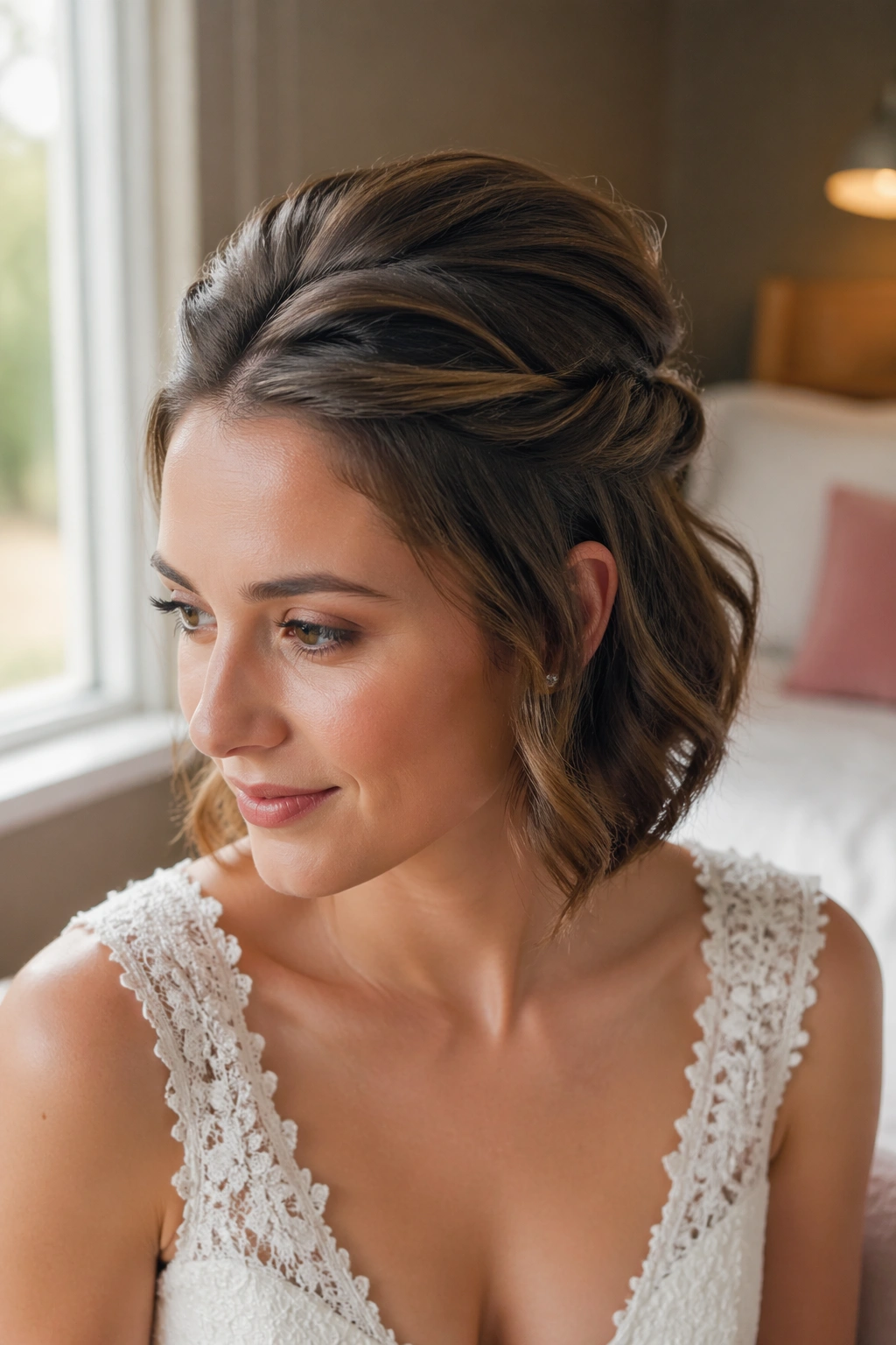 Close-up of real woman with rolled-back sides and soft pouf