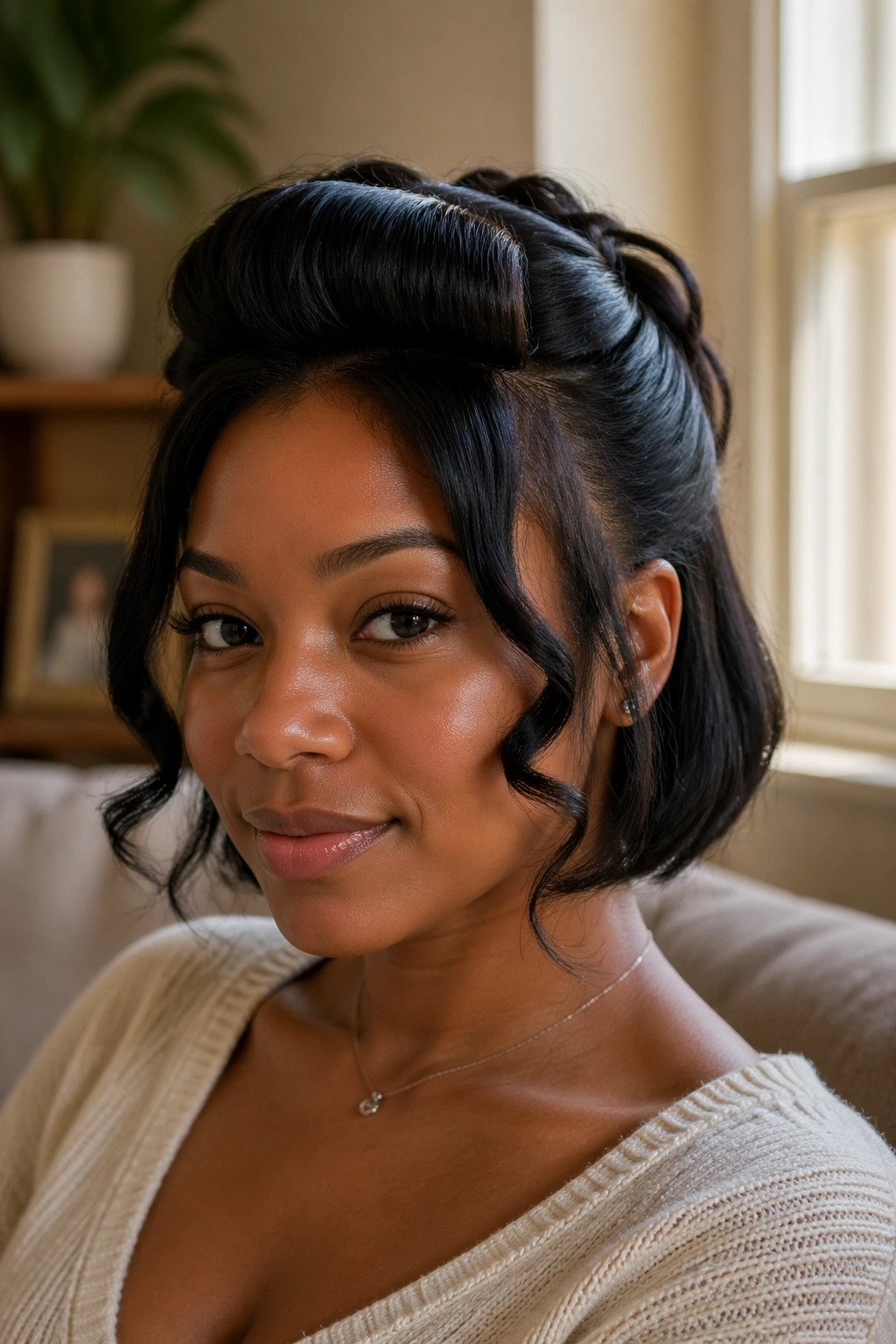 Close-up portrait of a real woman with rolled bangs and face-framing curls on a bob, lit by natural window light