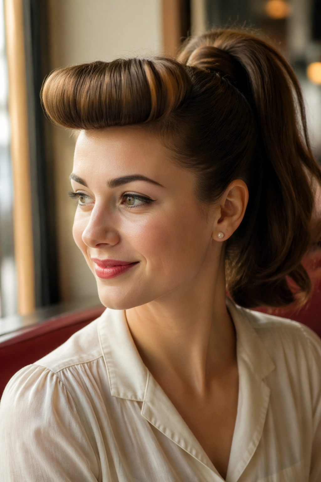 Close-up portrait of a real woman with rolled bangs and a high ponytail