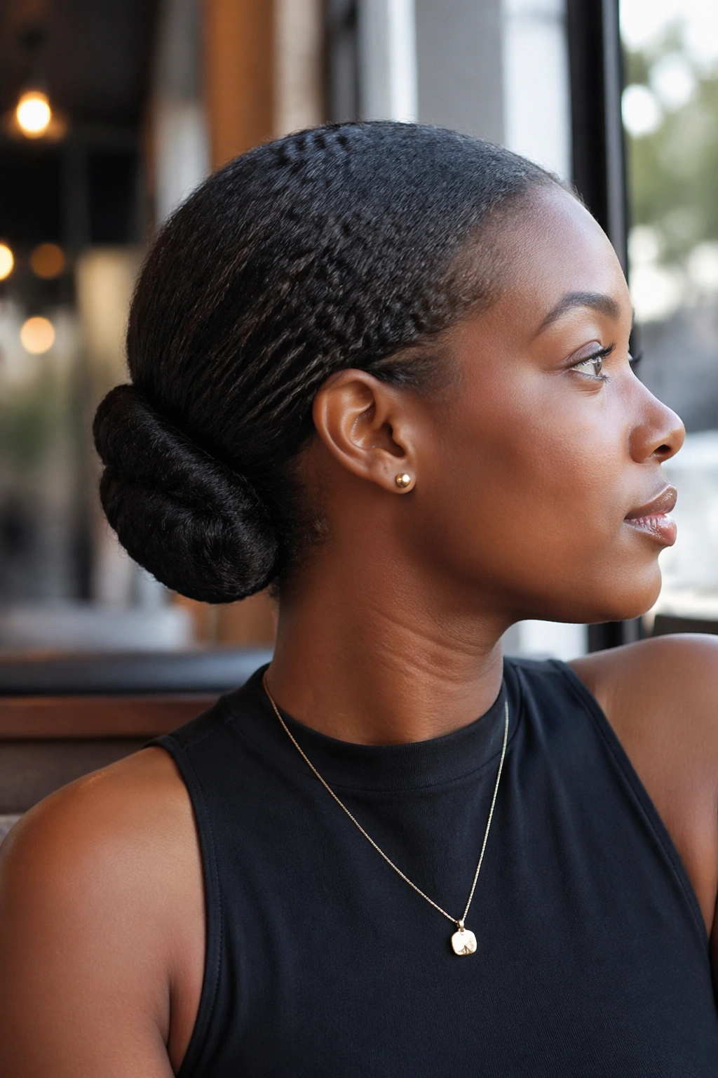 Close-up of real woman with rolled French-tuck bun at the back of the head