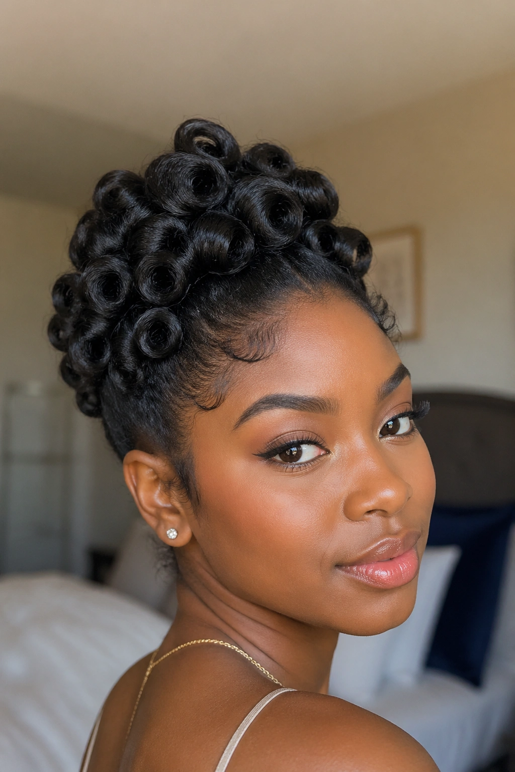 Close-up of rolled curl updo with cylindrical curls pinned at back