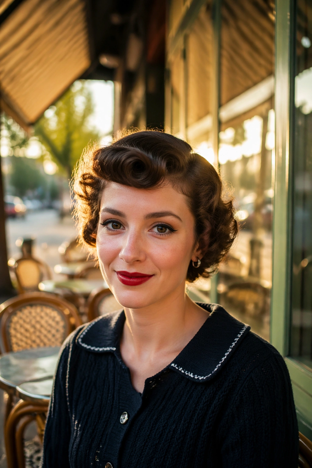 Hero shot of rolled fringe and smooth crown in sunny street cafe setting.