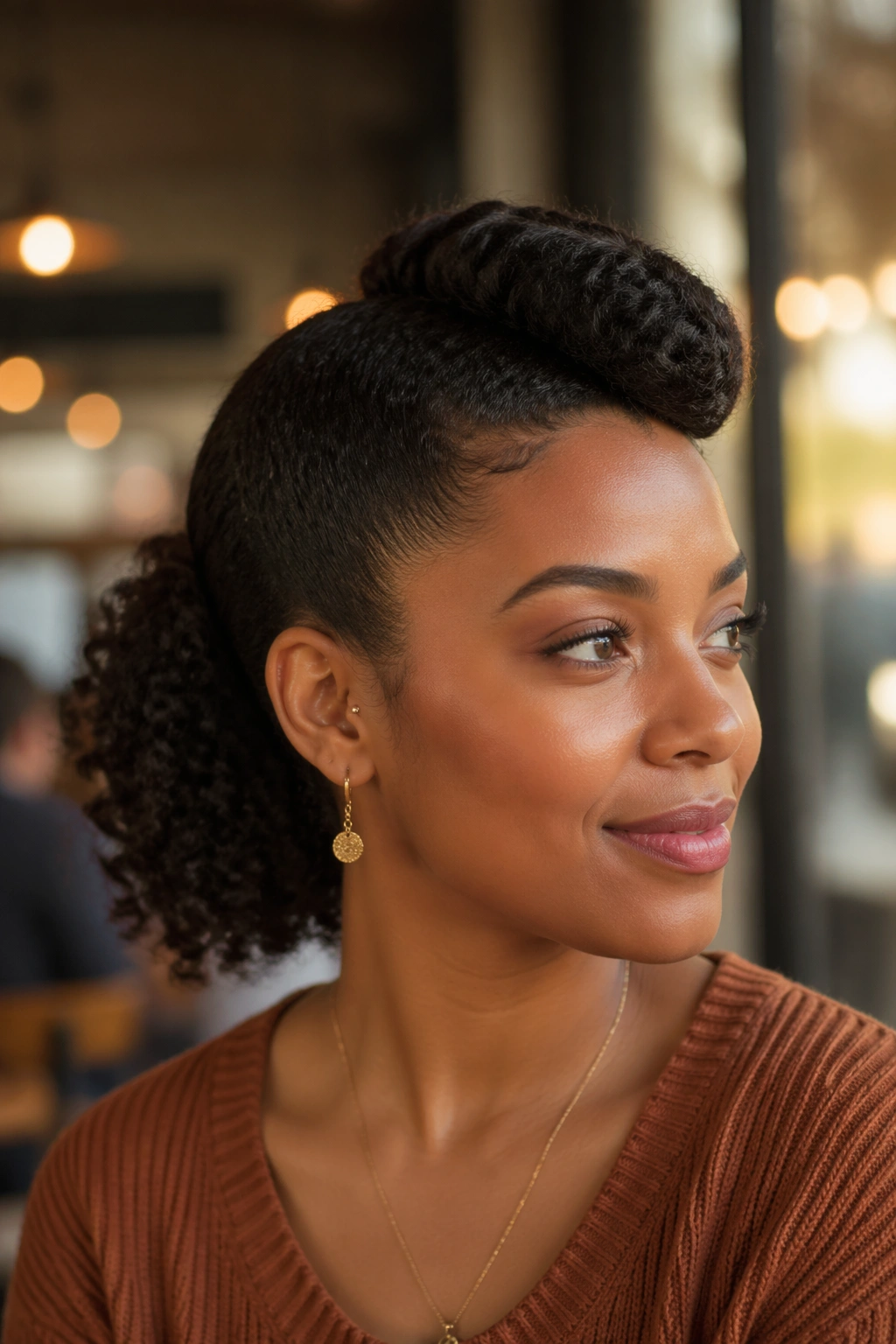 Close-up of a real woman with rolled-front ponytail