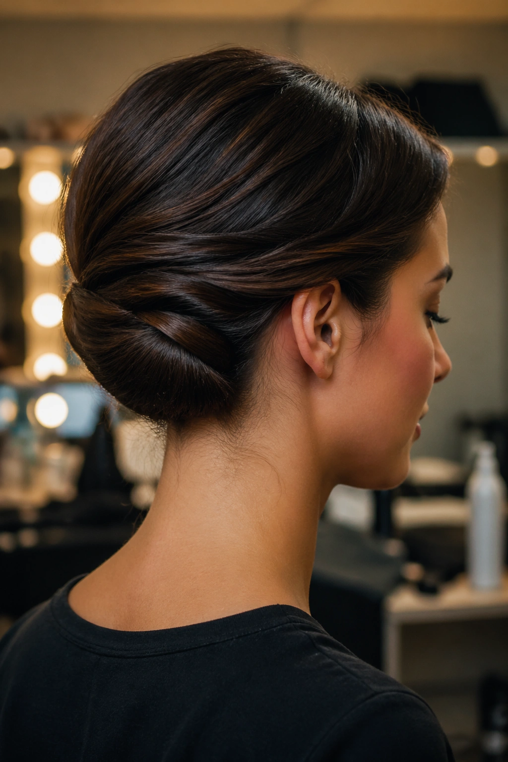 Close-up of a real woman with a Gibson tuck rolled at the nape for a neat low-profile look