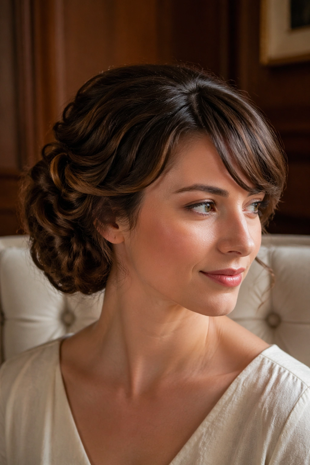 Close-up portrait of a real woman with rolled Gibson tuck and side bangs