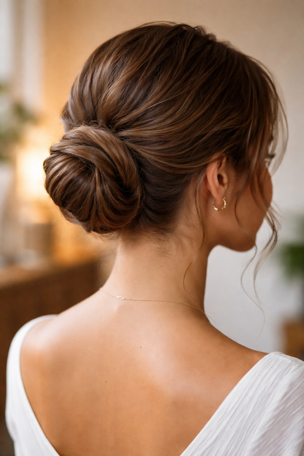 Close-up portrait of a real woman with rolled nape bun