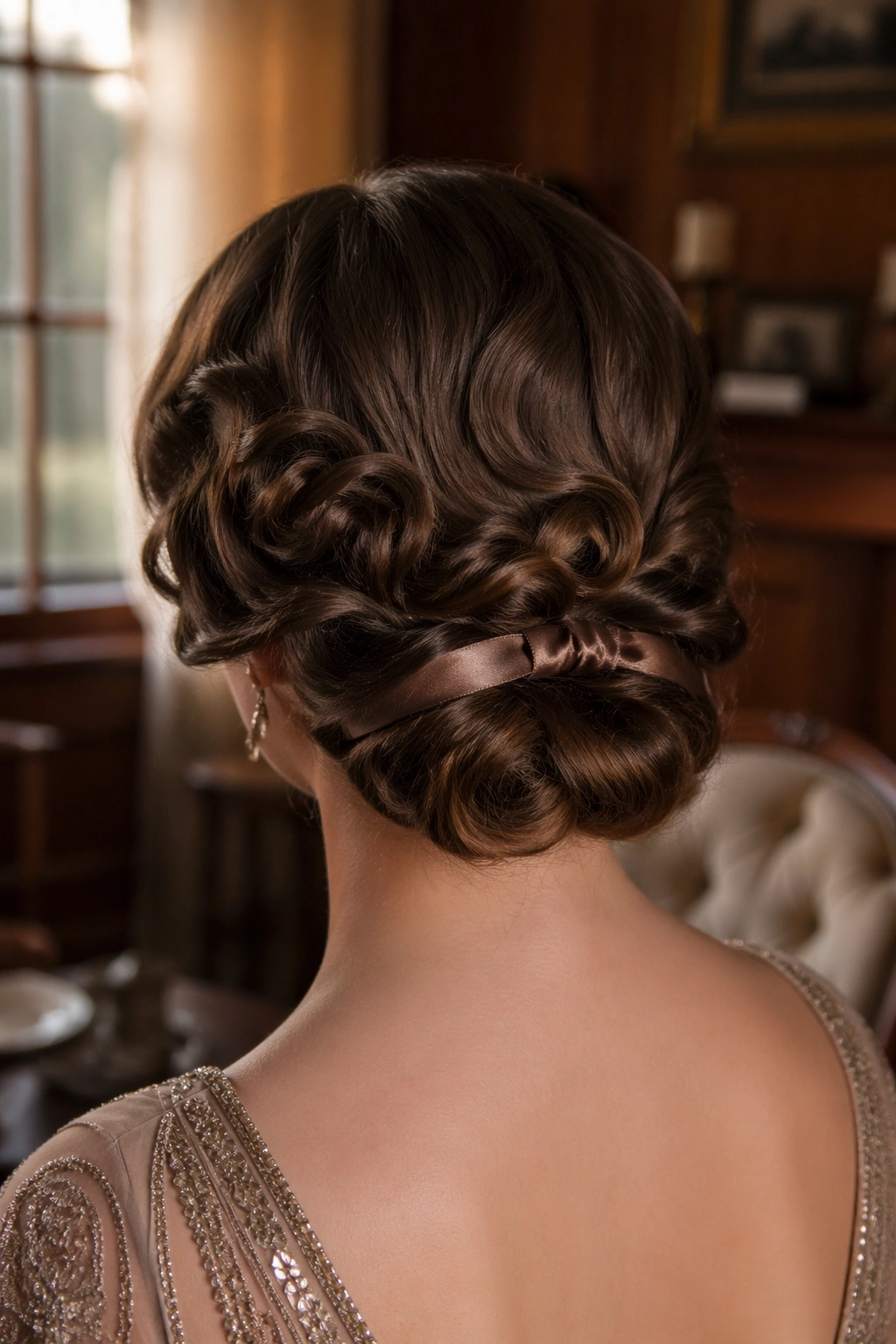 Back-view portrait of a real woman with rolled nape chignon curls in a vintage setting
