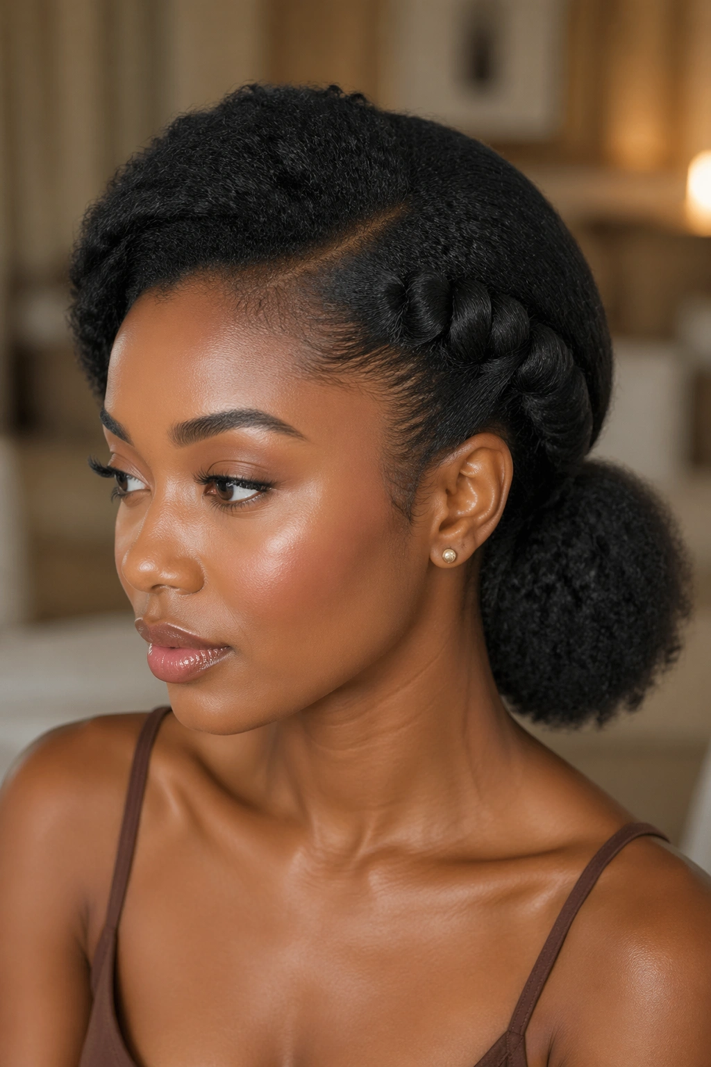 Close-up of a real woman with a rolled side-panel ponytail framing the face