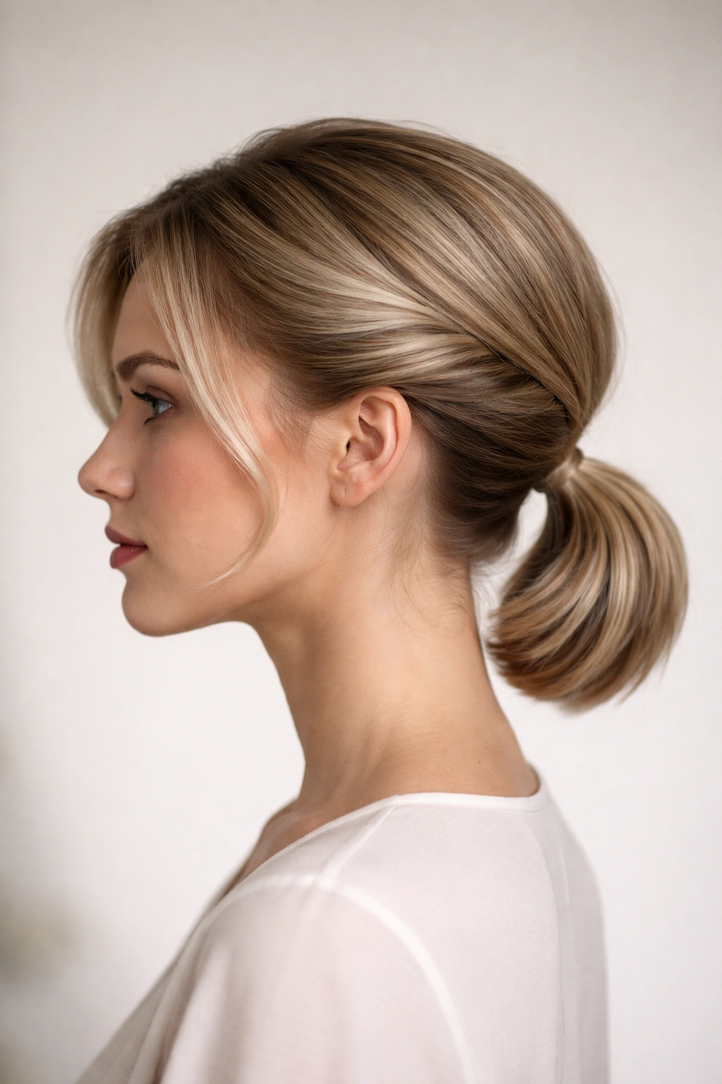 Profile of a short-haired model showing rolled-side sections into a low ponytail.