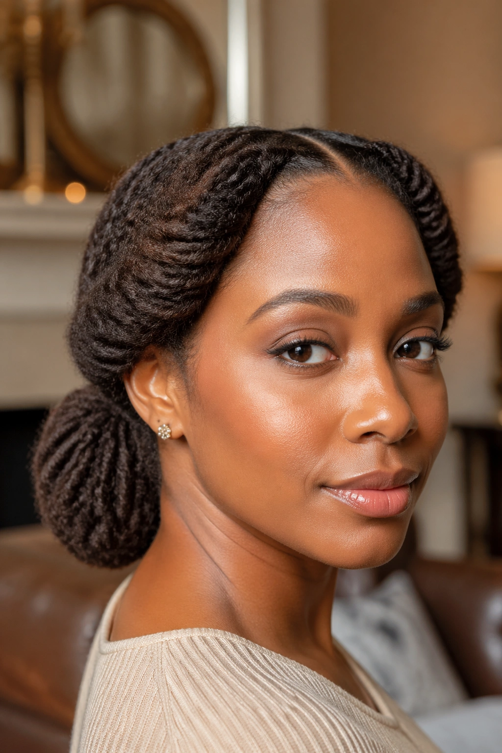 Close-up of a real person with rolled-sides low ponytail.