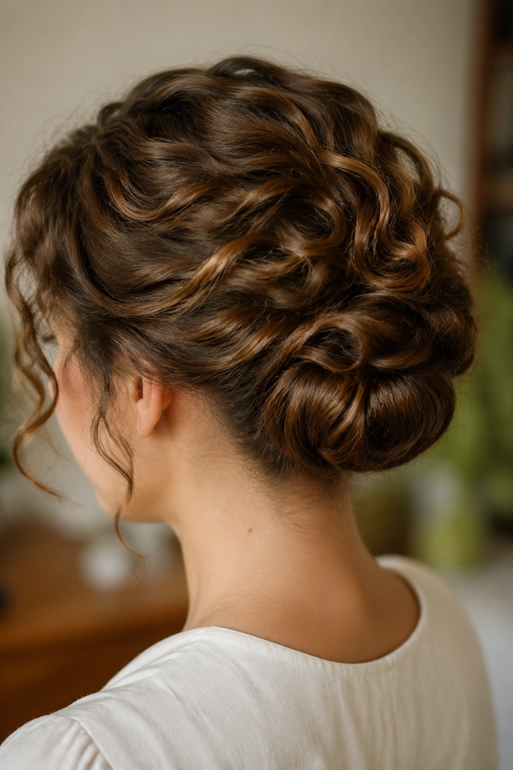 Close-up of a real person with a rolled tuck updo at the nape