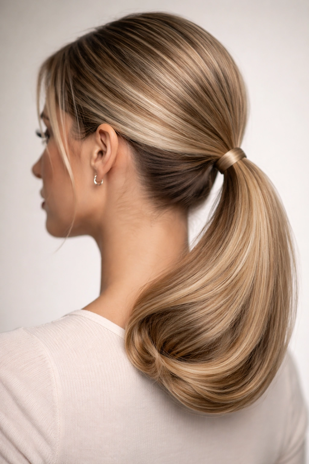 Close-up of rolled-under ends in a low ponytail