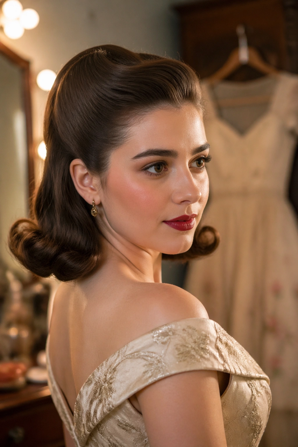 Close-up portrait of a woman with rolled-under half-up hairstyle in a vintage dressing room