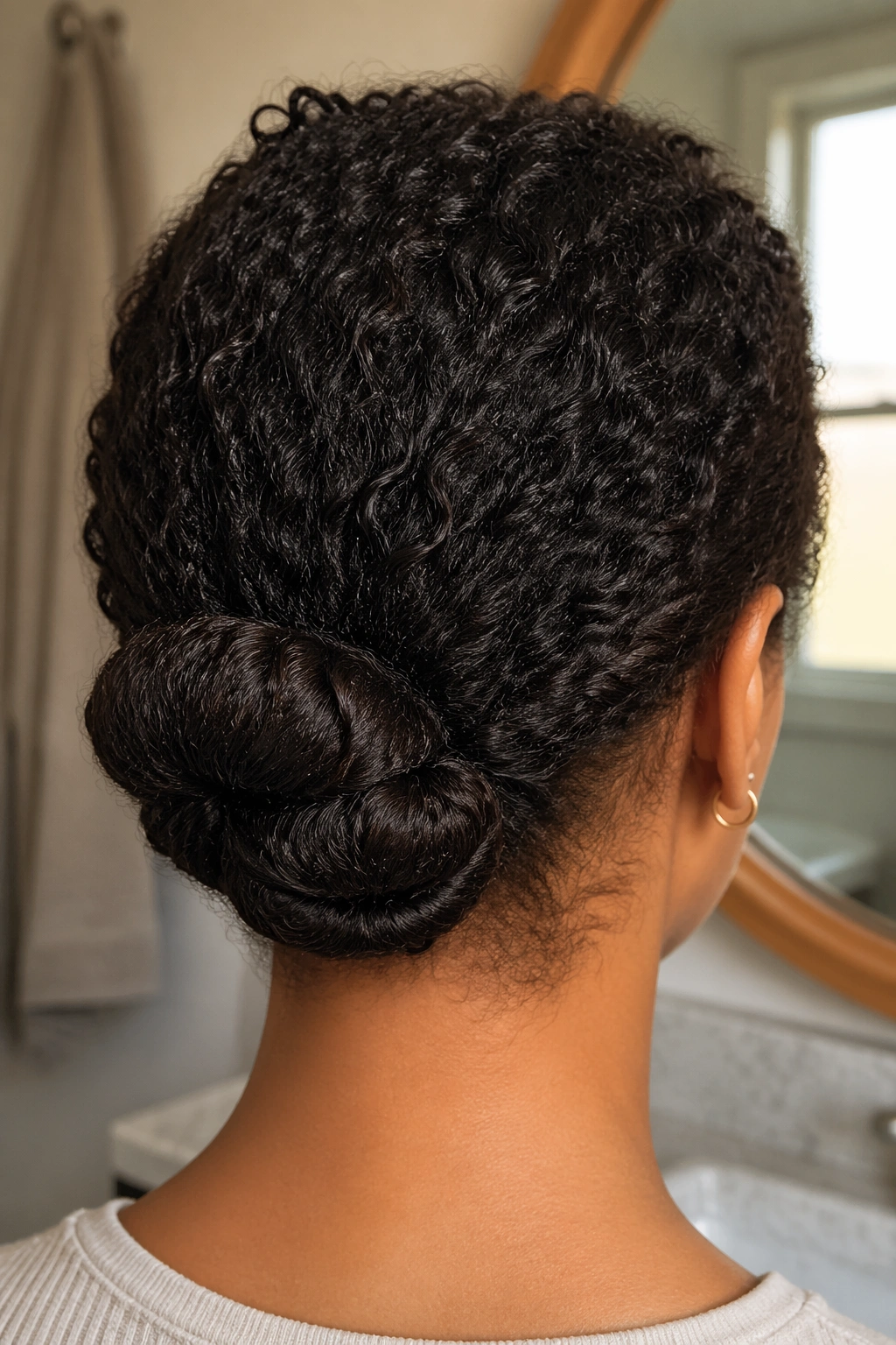 Close-up of rolled tuck-under bun on 3b curls in soft bathroom light