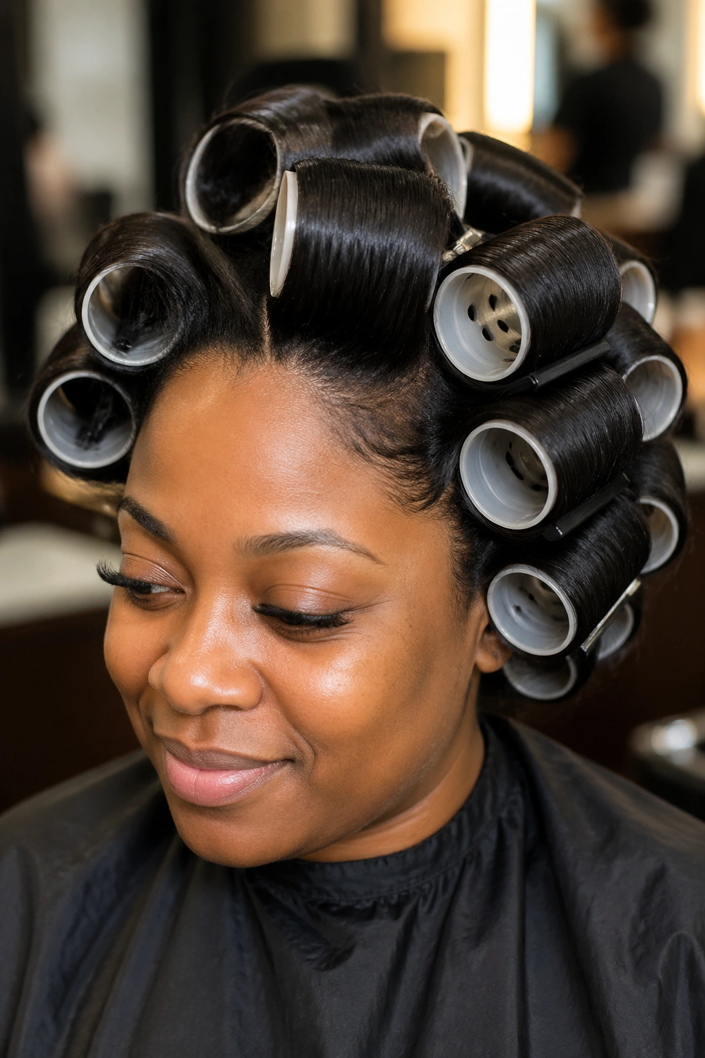 Close-up of a real Black woman with large roller set curls
