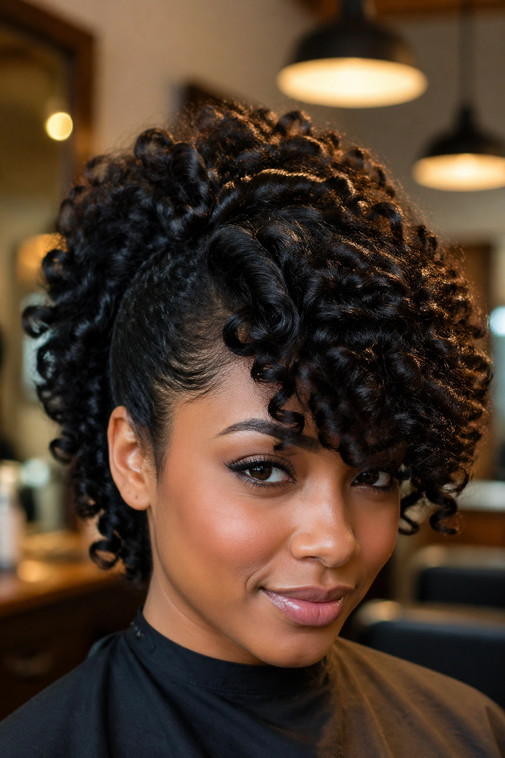 Close-up of a real person with a roller-set side bang