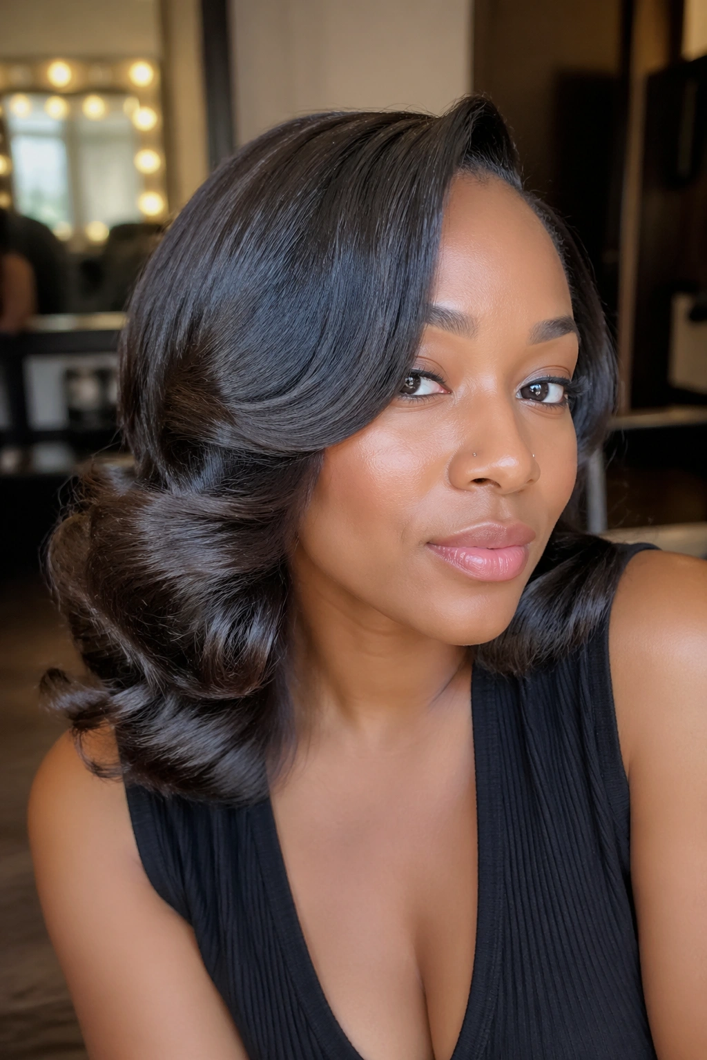 Close-up of a real woman with soft glossy waves from a silk press roller set