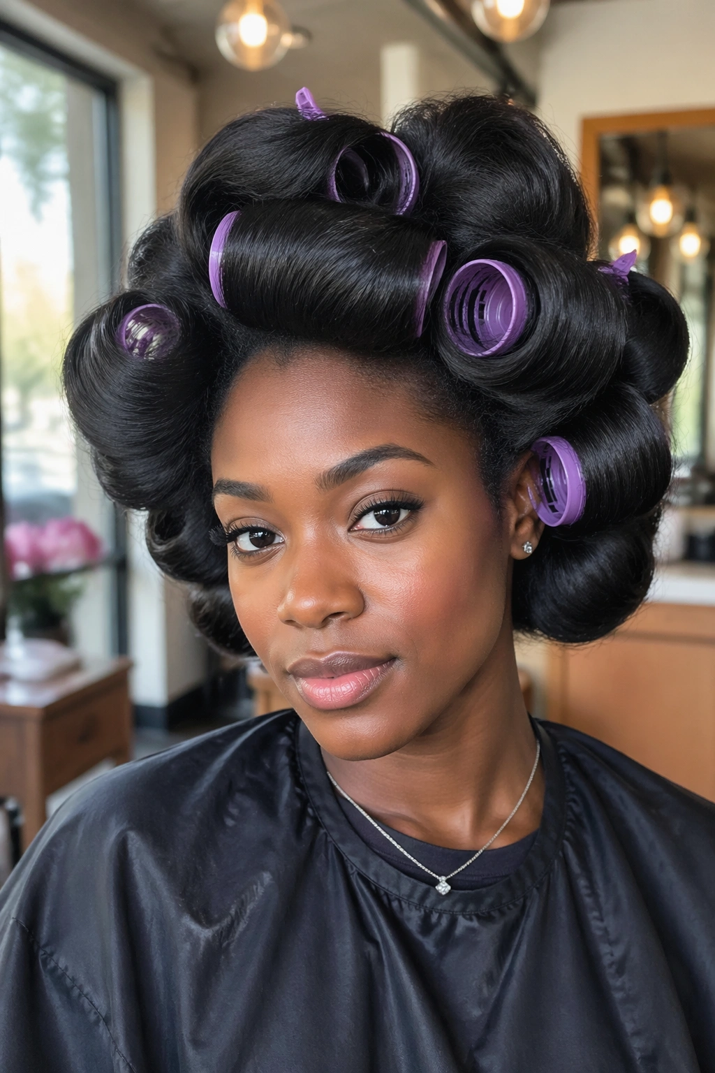 Close-up of a real woman's roller set with brushed-out volume in a salon.