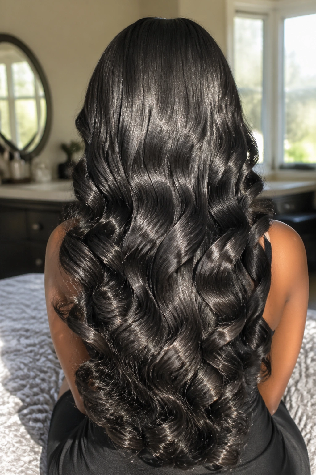 Back view of long silk-pressed hair with roller-set waves cascading down the back.