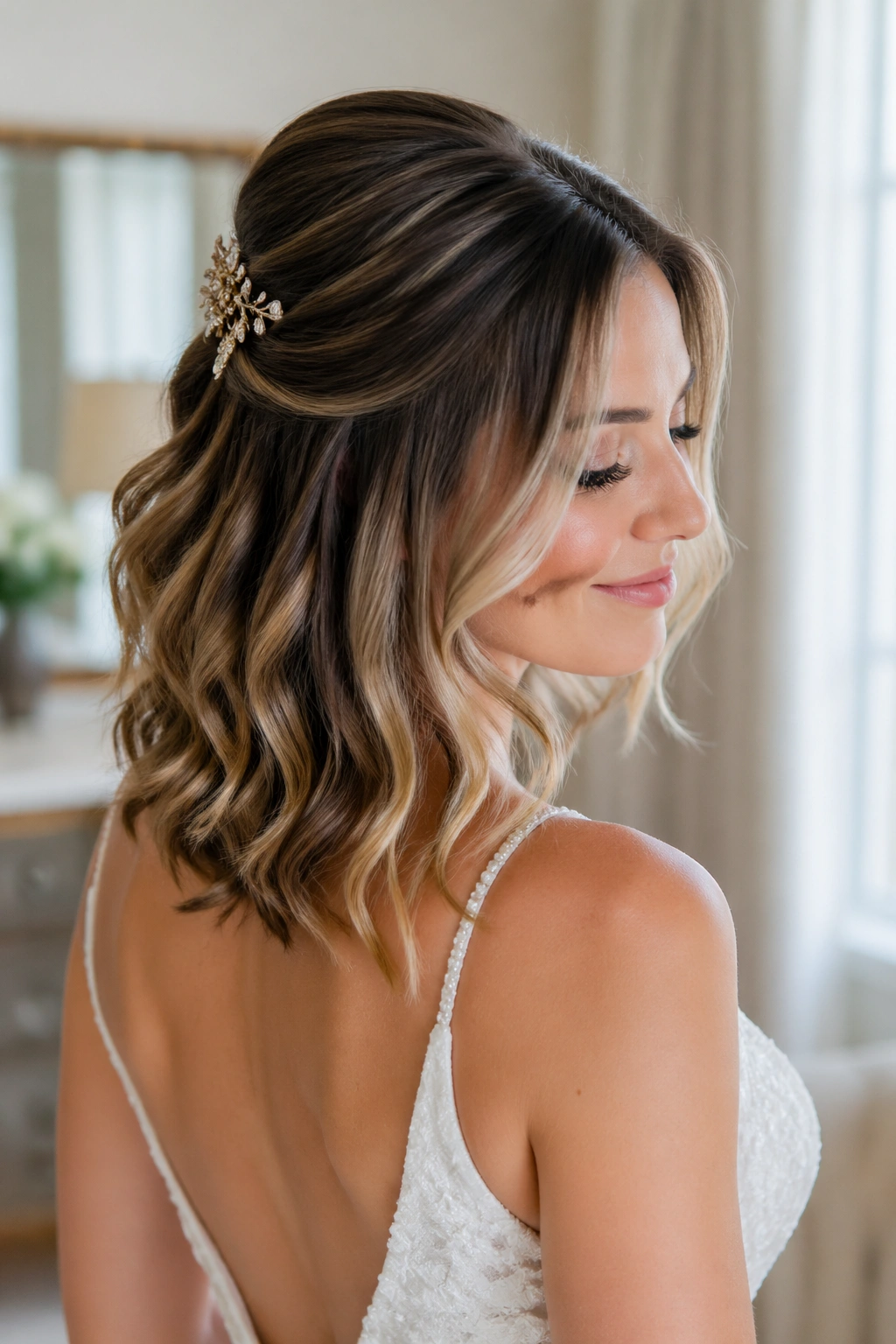 Close-up of a bride's shoulder-length wavy hair gathered with a decorative clip