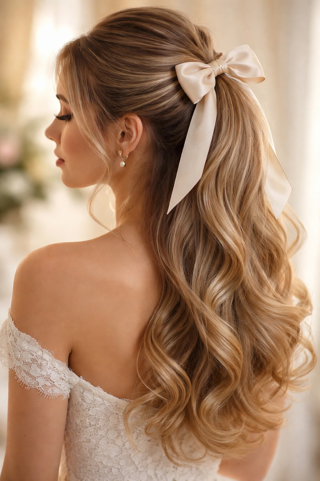 Romantic half up ponytail with curled ends and a bow