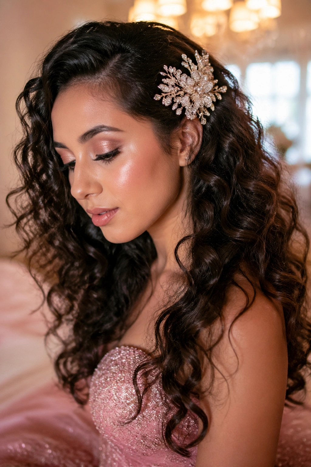 Portrait of a woman with loose romantic curls and jeweled side pin