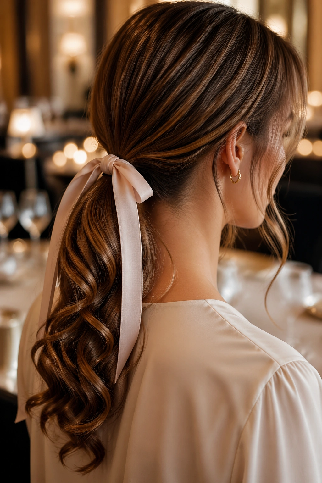 Close-up of a real woman's low ponytail with curled ends and soft ribbon tail.