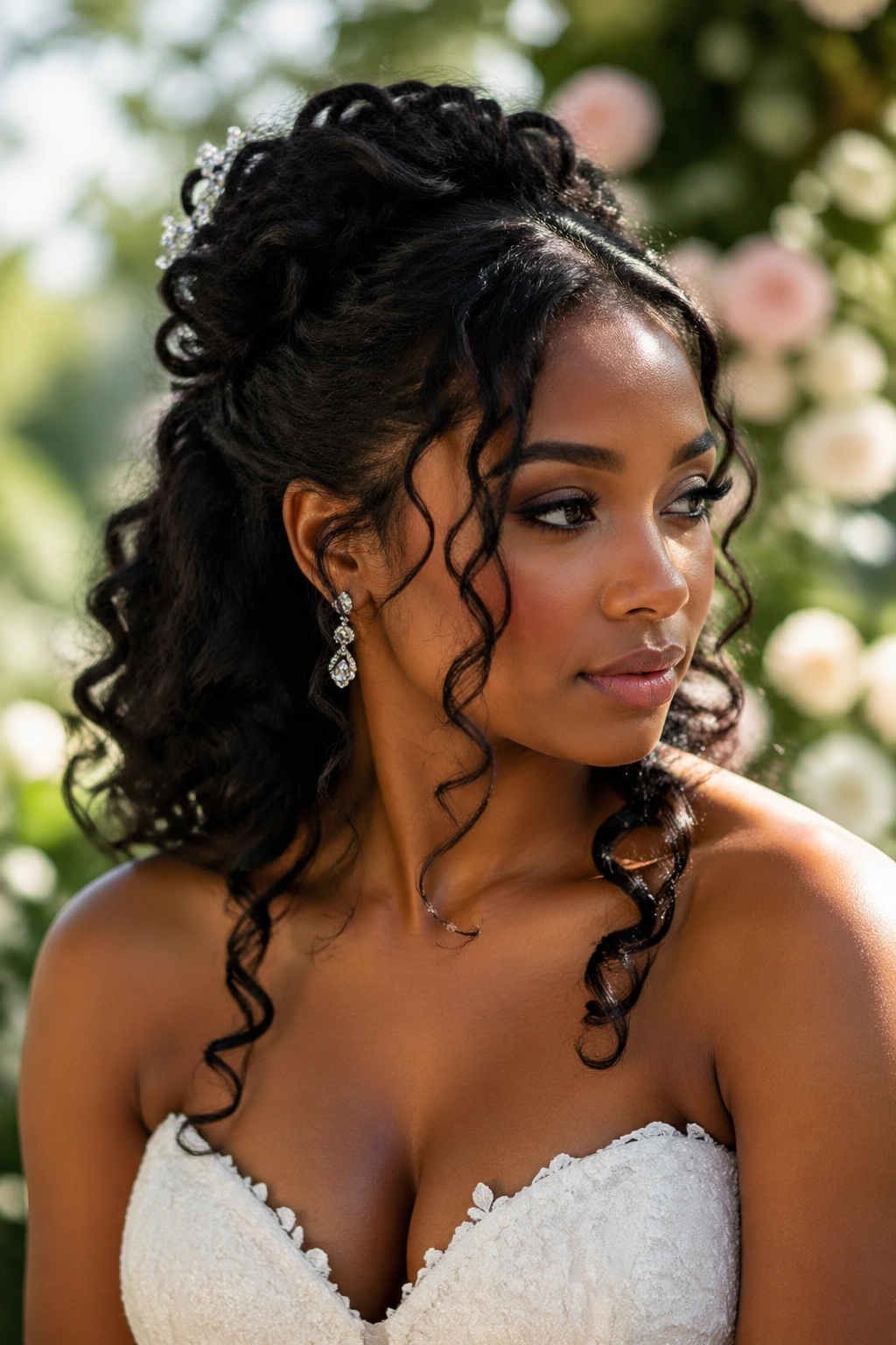Bride with romantic half up and loose tendrils in natural light