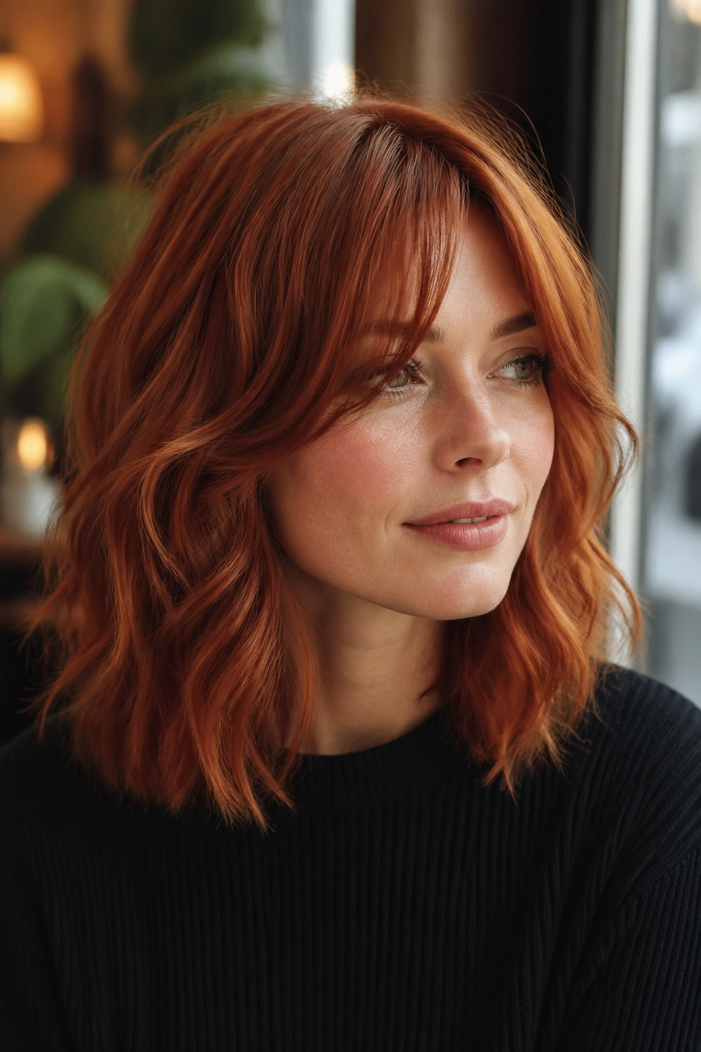 Close-up of a real woman with loose romantic bangs and a wavy lob