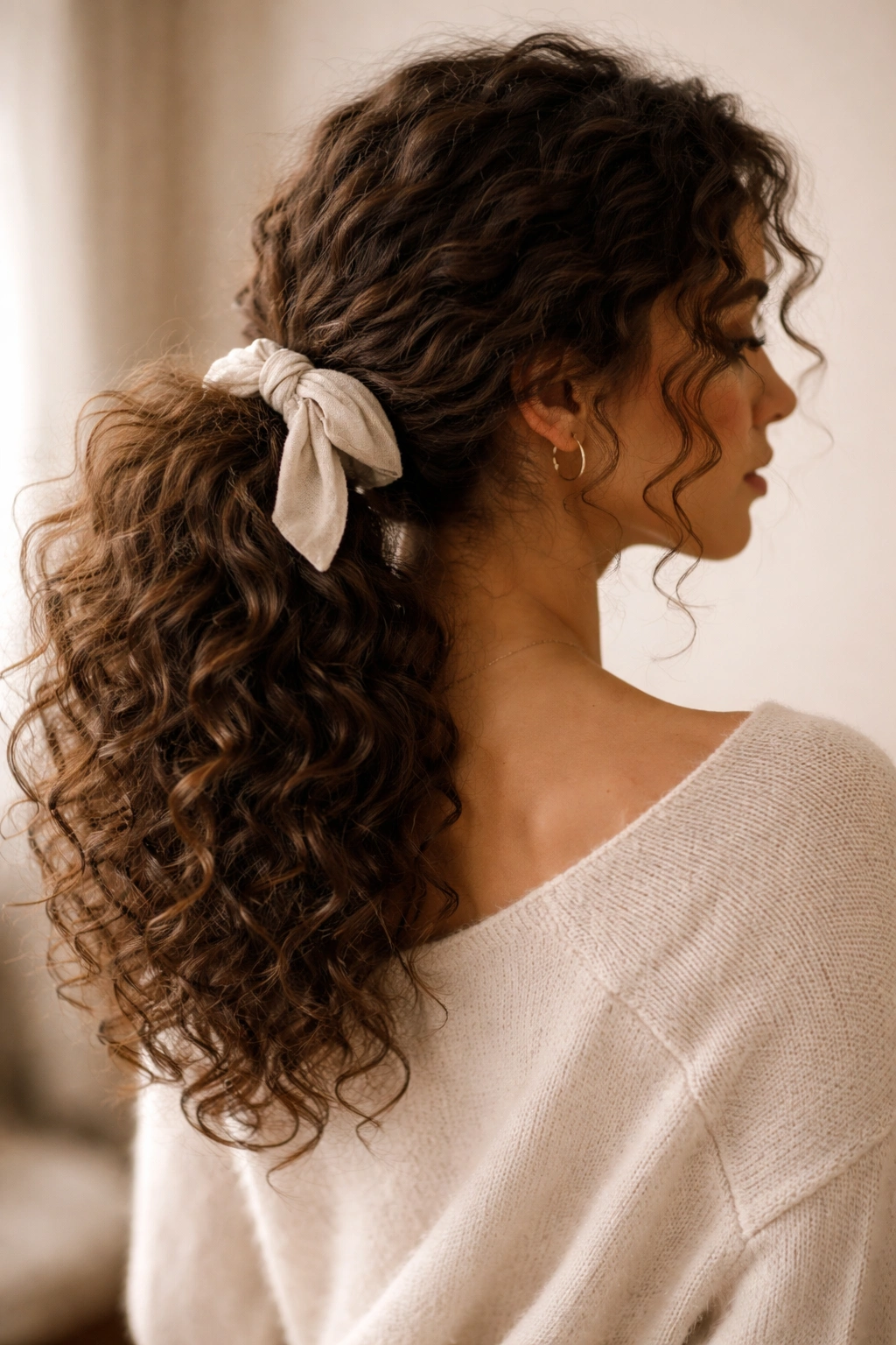 Romantic loose ponytail with soft fabric tie and voluminous curls