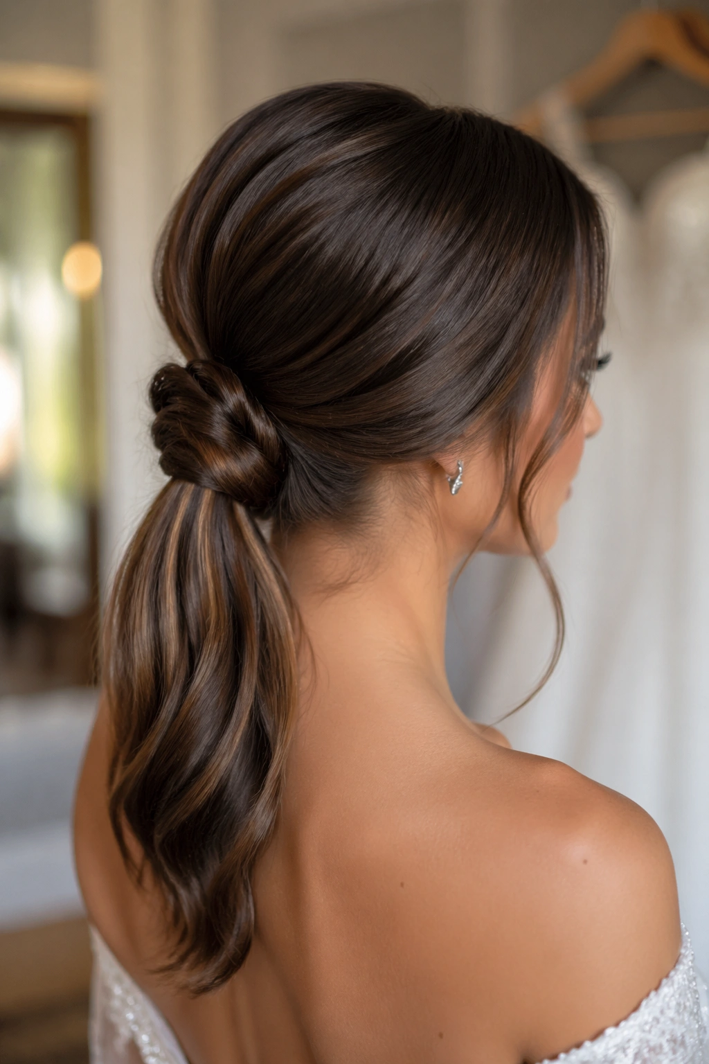 Close-up of a real woman wearing Romantic Low Knot Ponytail Hybrid in a bridal dressing room